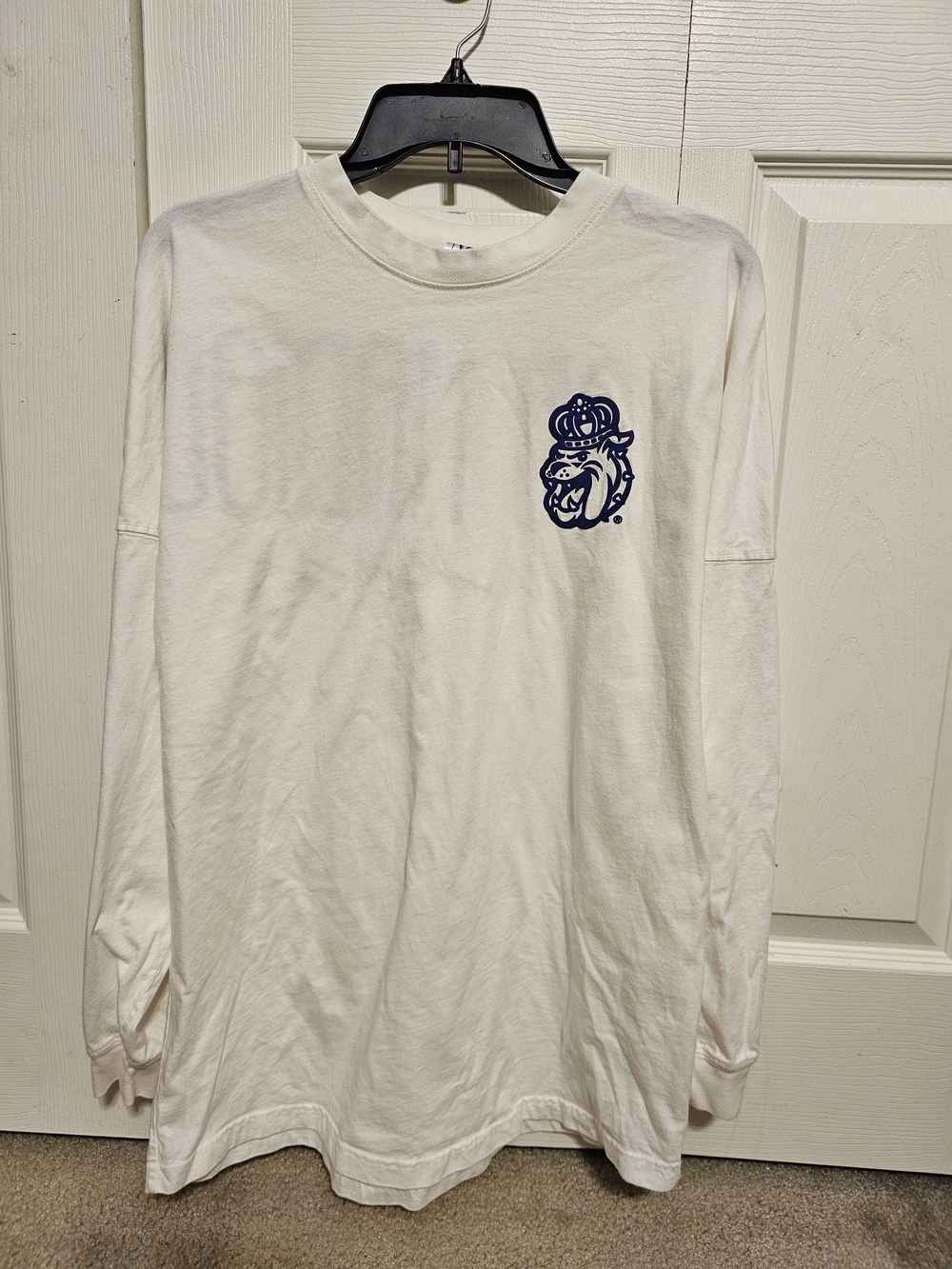 JMU Men's White Long-Sleeve Graphic Crewneck Two Sided Shirt